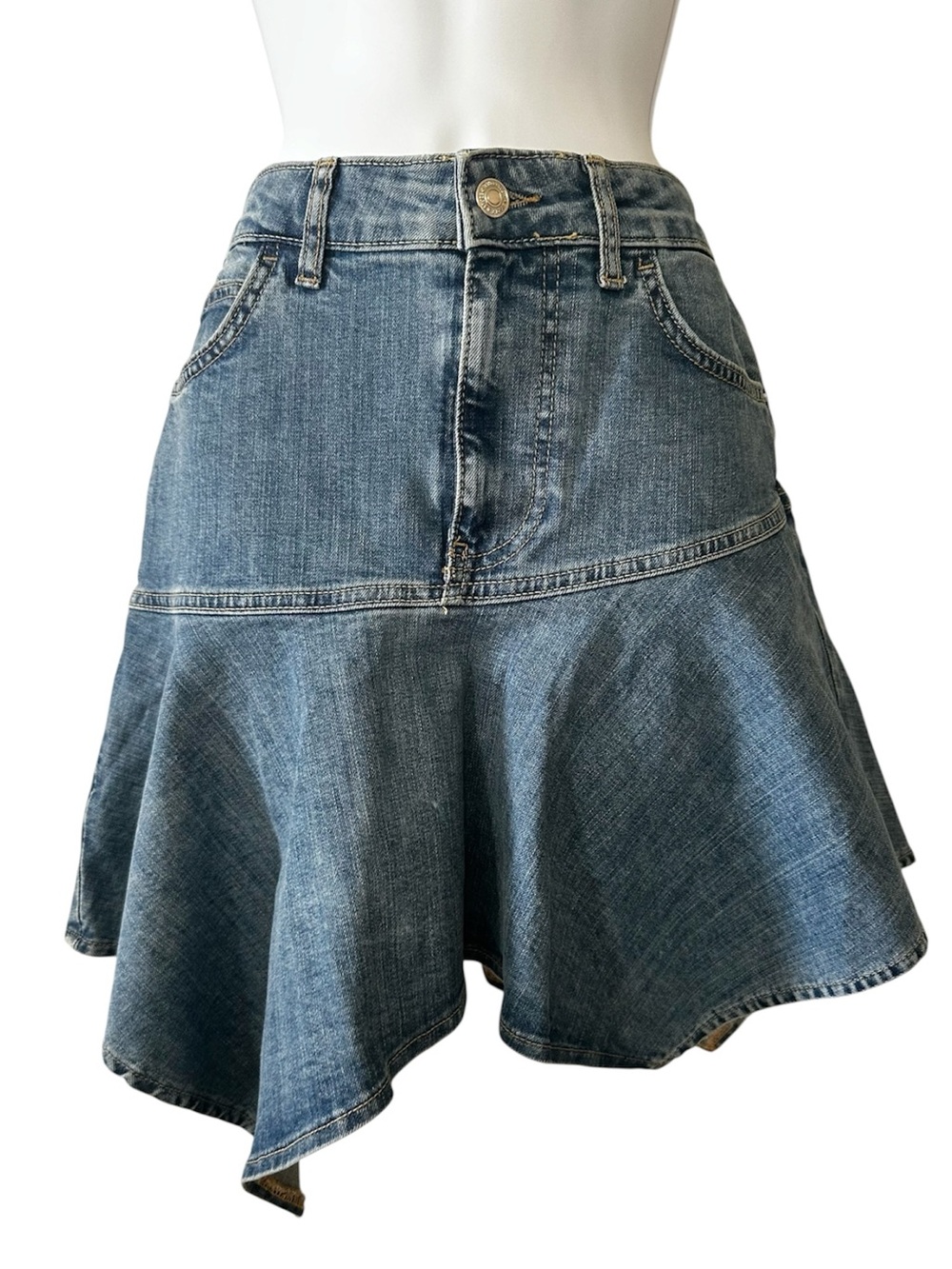 Free People Women’s Blue Denim Alara A-symmetrical Zig-Zag Hemline Skirt- Size 6